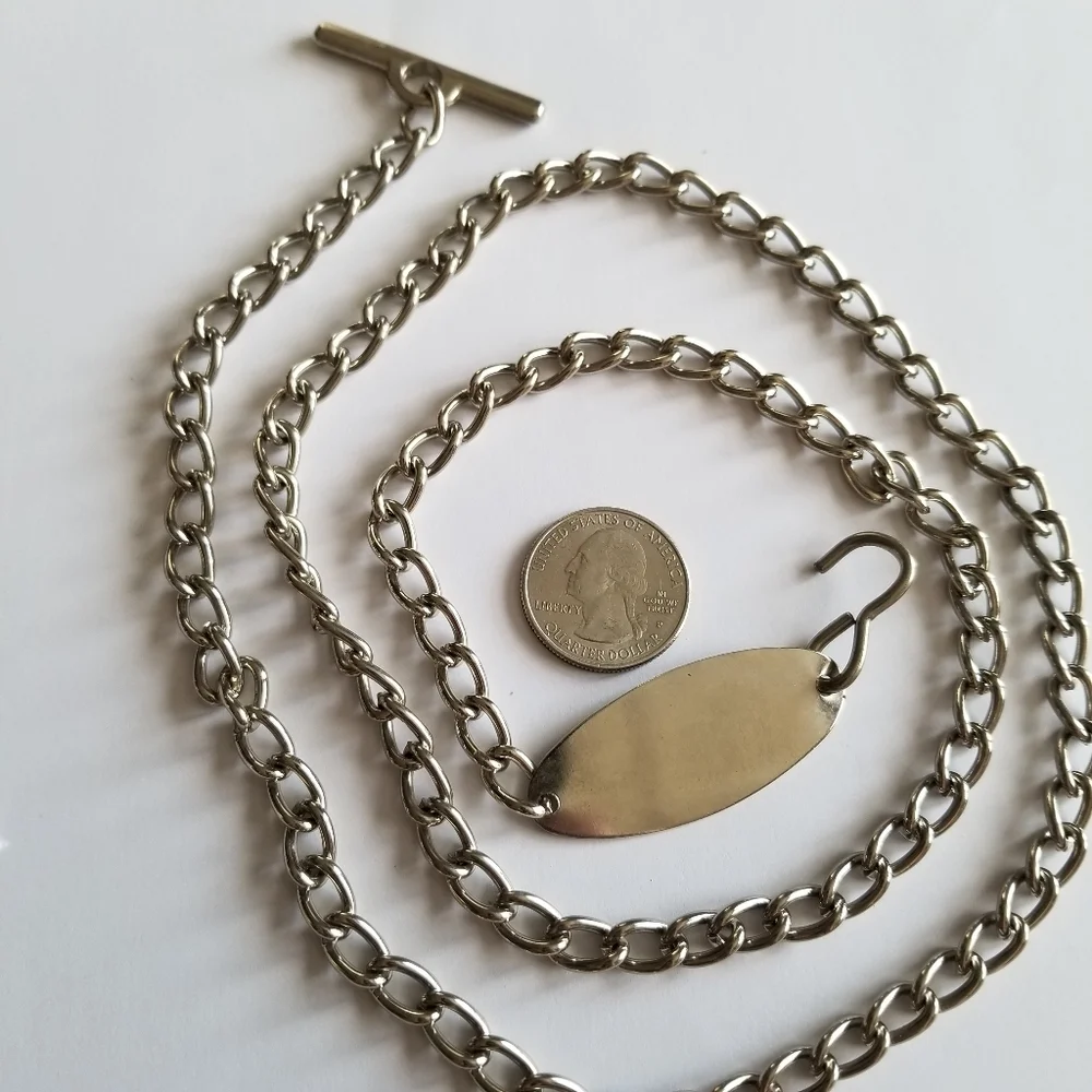 Long silver tone chain - belt or watch chain? Necklace? Engraveable plate